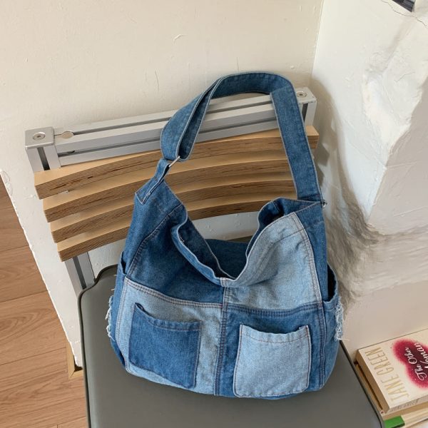 Retro Denim Shoulder Tote Bag Large Capacity Work Commuter