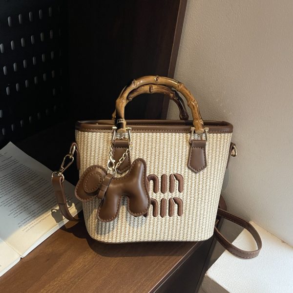 Bamboo Straw Bucket Bag Women Crossbody Shoulder Handbag