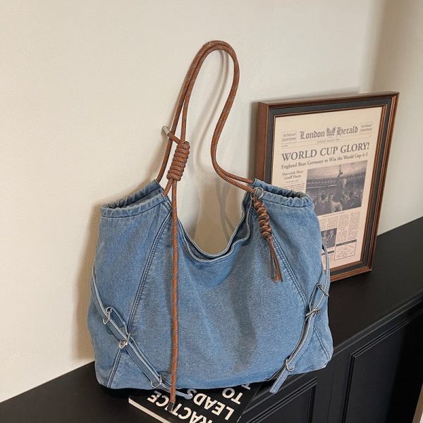 Retro Denim Commuter Shoulder Bag Large Capacity Light Able Tote