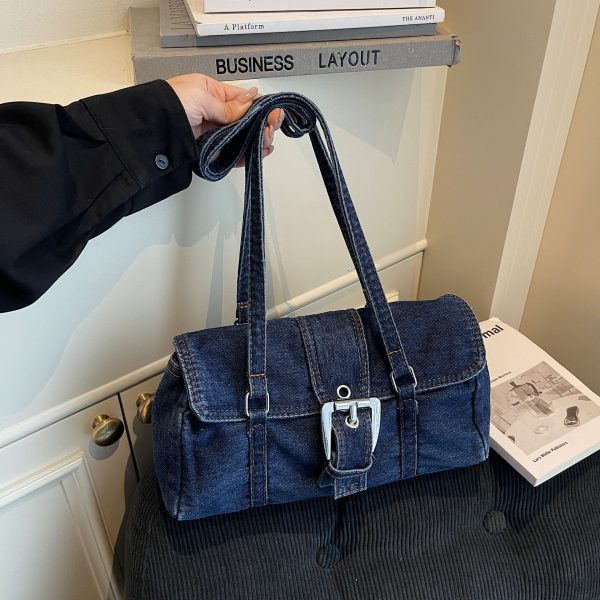 Retro Washed Denim Shoulder Bag – Large Capacity Commuter Bag