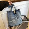 Ese Literary Embroidery Denim Shoulder Bag for Girls Large Capacity Commuter Tote